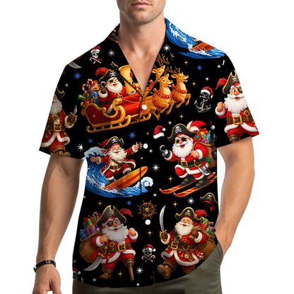 Lifestyle view of someone wearing the festive family hawaiian shirts