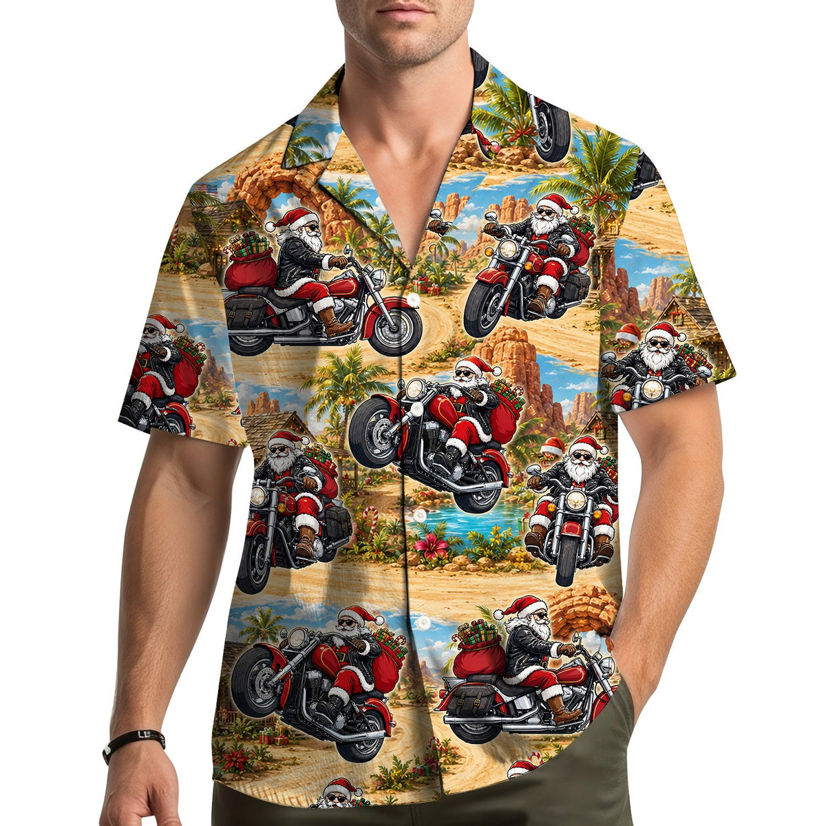 Lifestyle view of the christmas hawaiian shirt worn outdoors