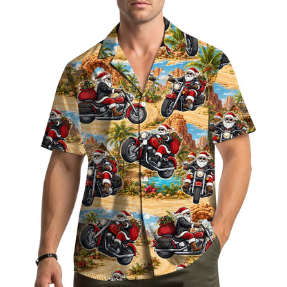 Lifestyle view of the christmas hawaiian shirt worn outdoors