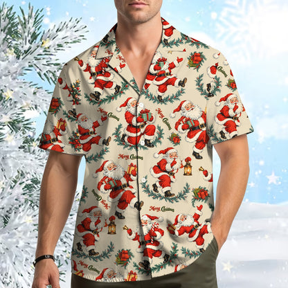 Lifestyle shot of family wearing matching vintage Santa Christmas hawaiian shirts