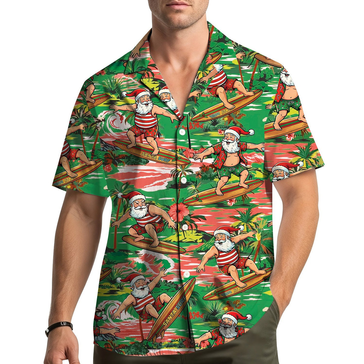 People wearing the matching family hawaiian shirts outdoors, lifestyle view