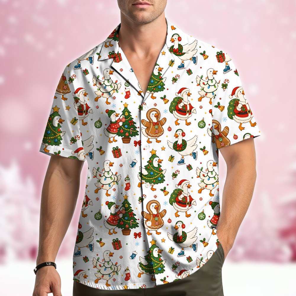 Lifestyle view of the matching family christmas hawaiian shirt featuring festive ducks