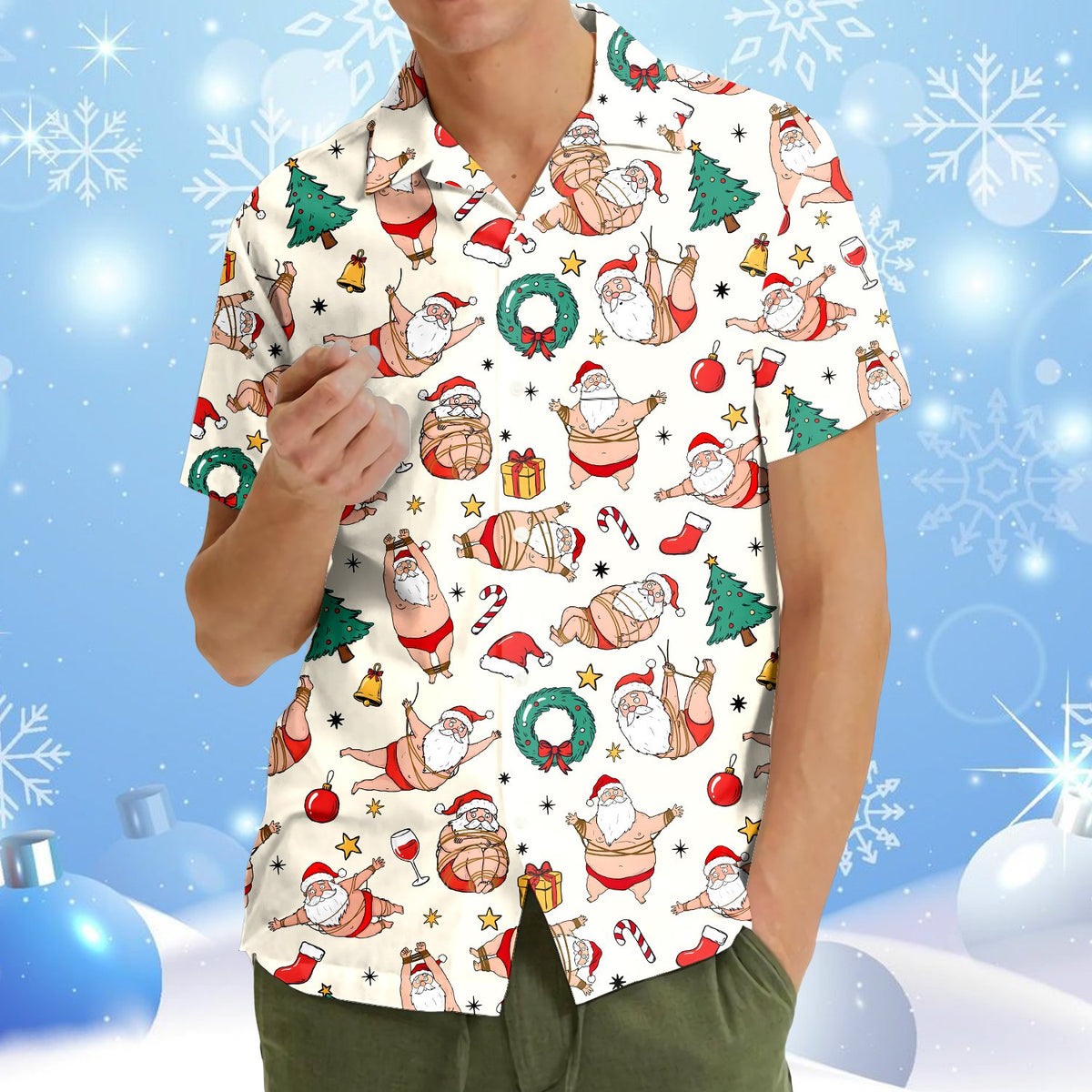 Lifestyle view of matching family hawaiian shirts in naughty Santa design