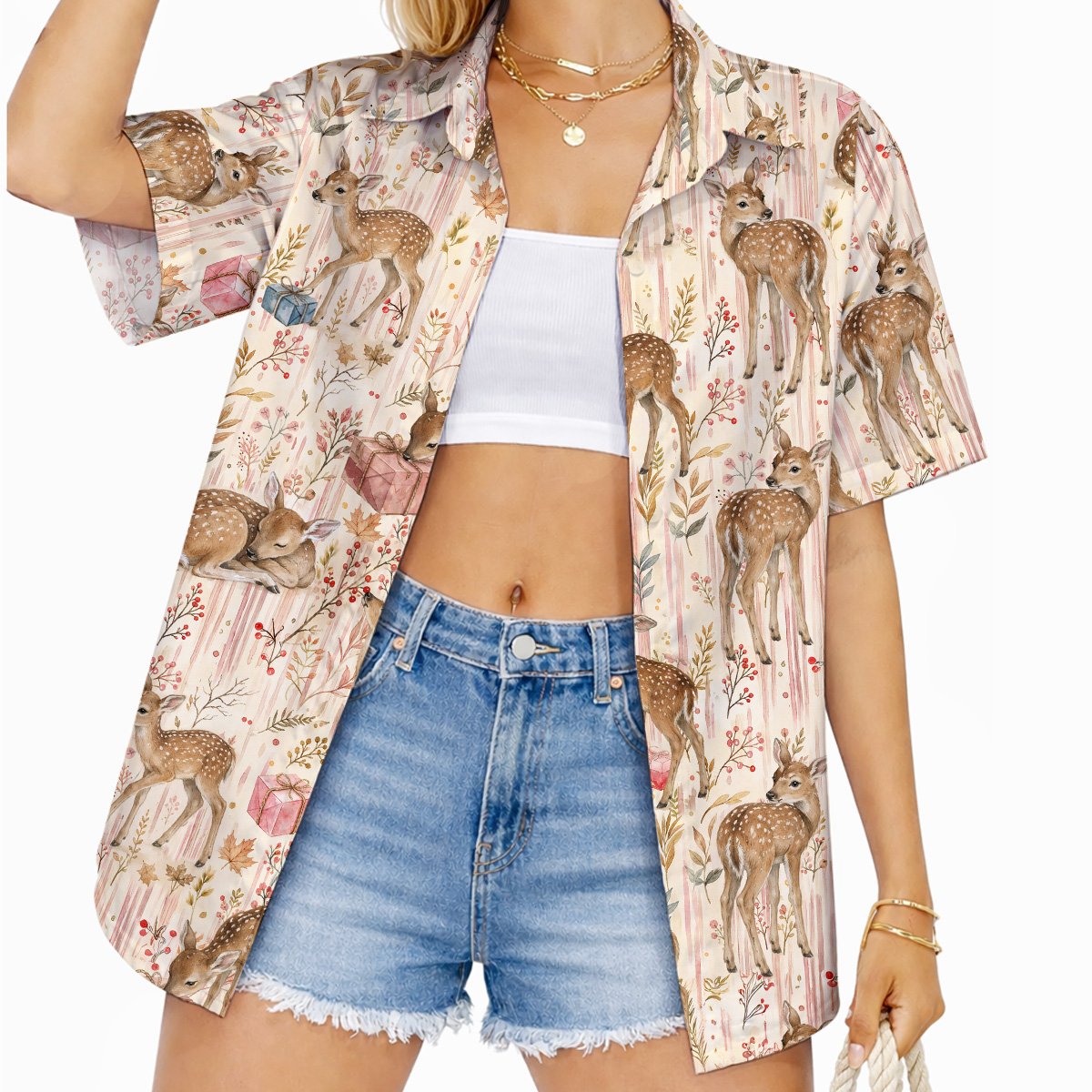 Lifestyle view of the christmas hawaiian shirt being worn outdoors