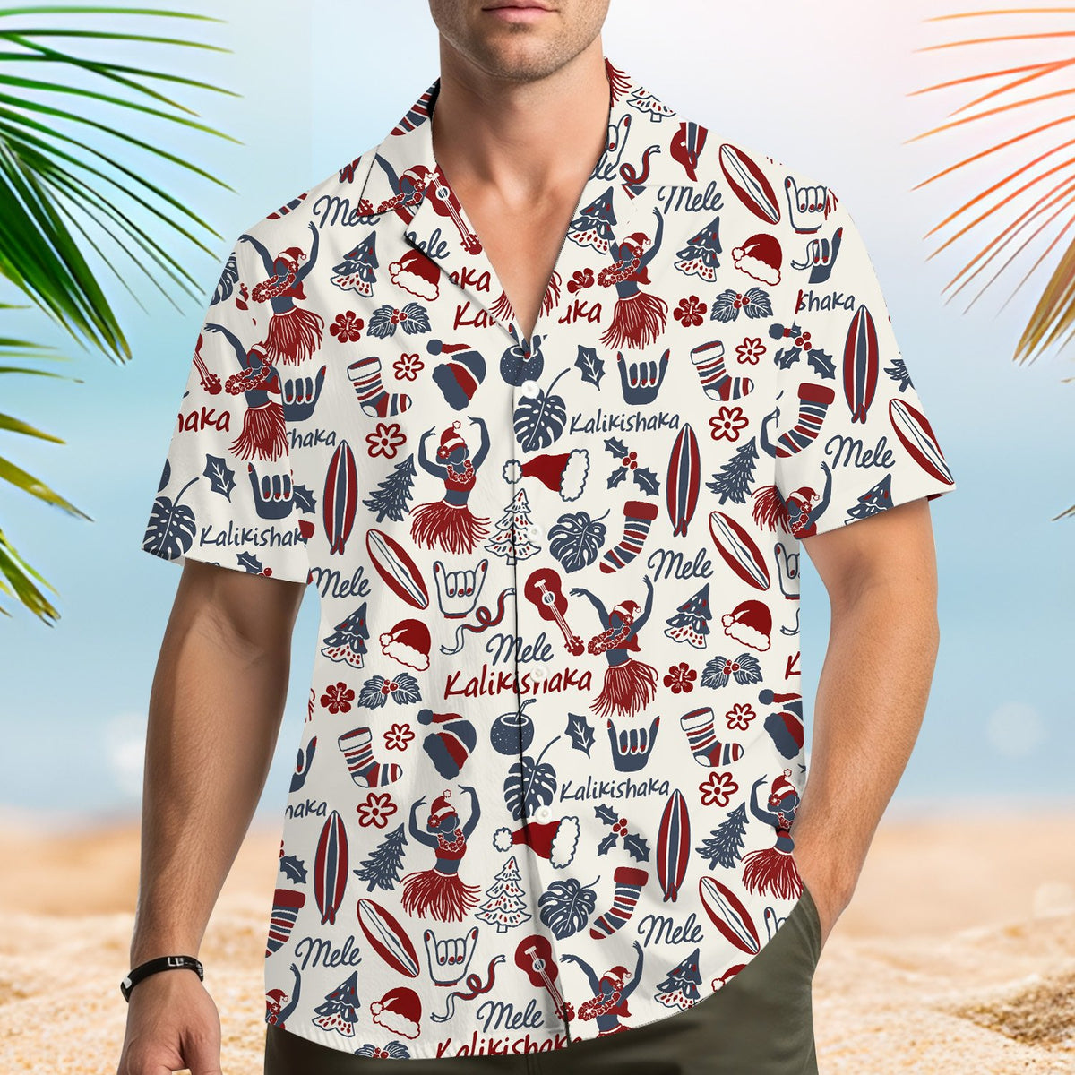 Lifestyle view of people wearing matching family Christmas Hawaiian shirts