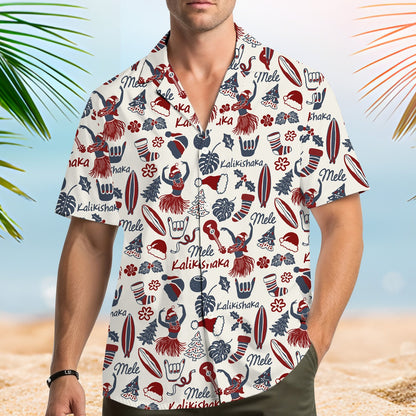 Lifestyle view of people wearing matching family Christmas Hawaiian shirts