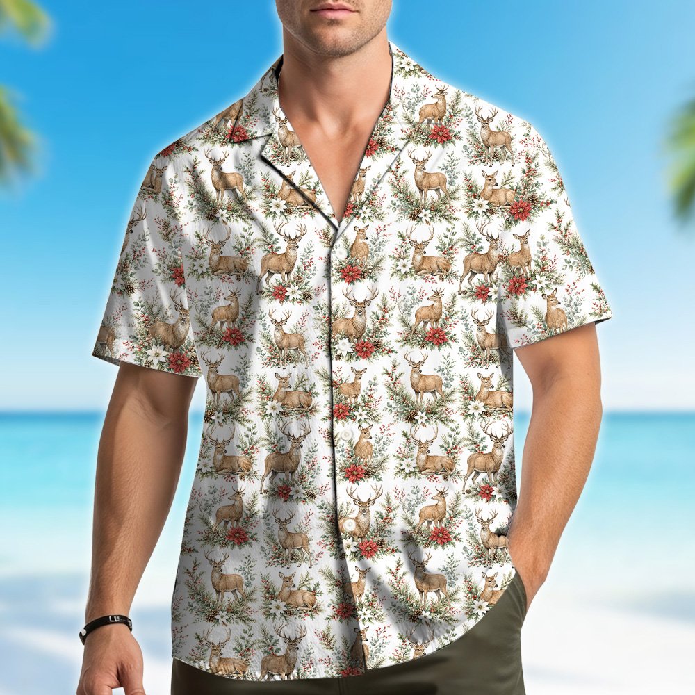 Lifestyle view of the matching family hawaiian shirts worn during the holidays