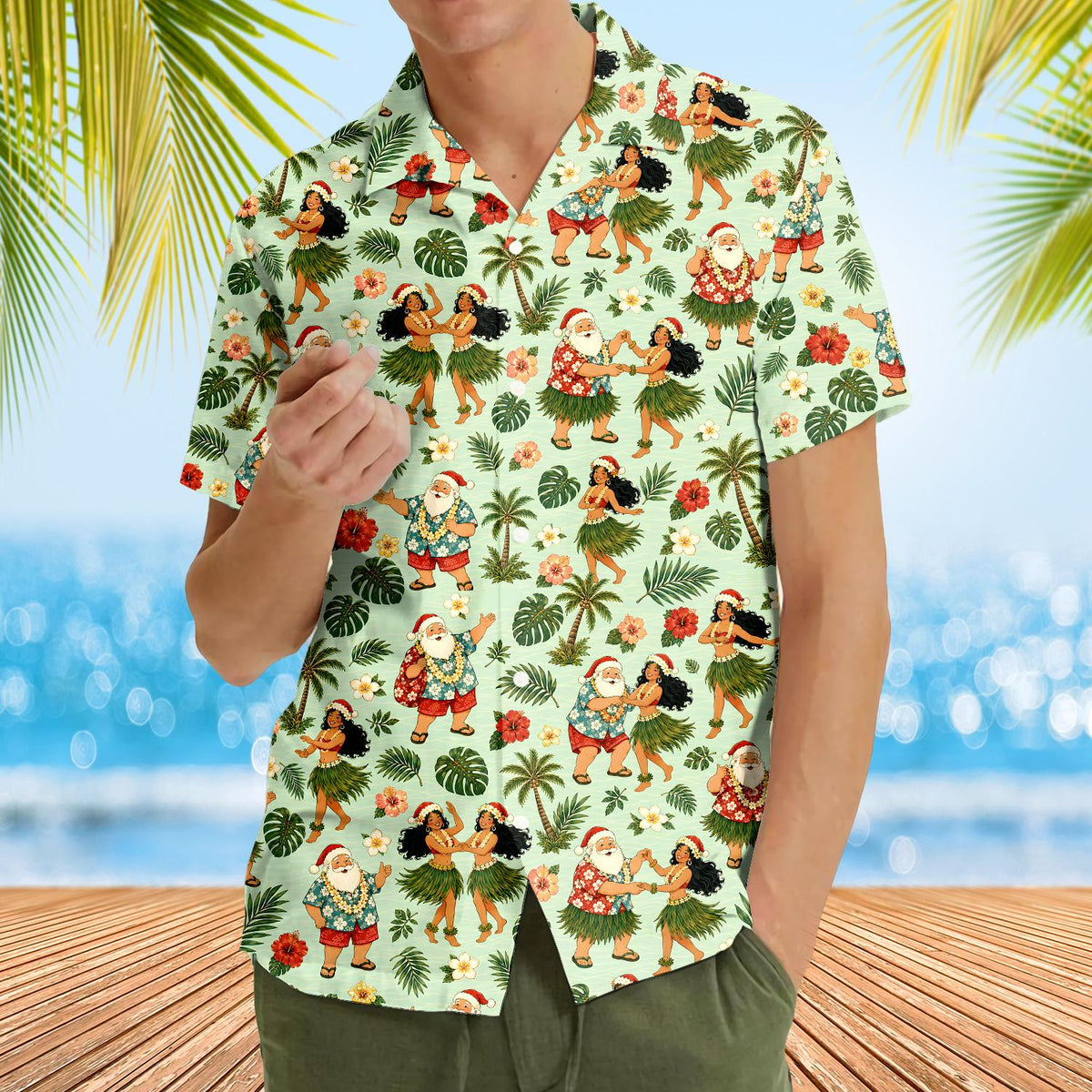 Lifestyle view of a family wearing the matching family hawaiian shirts