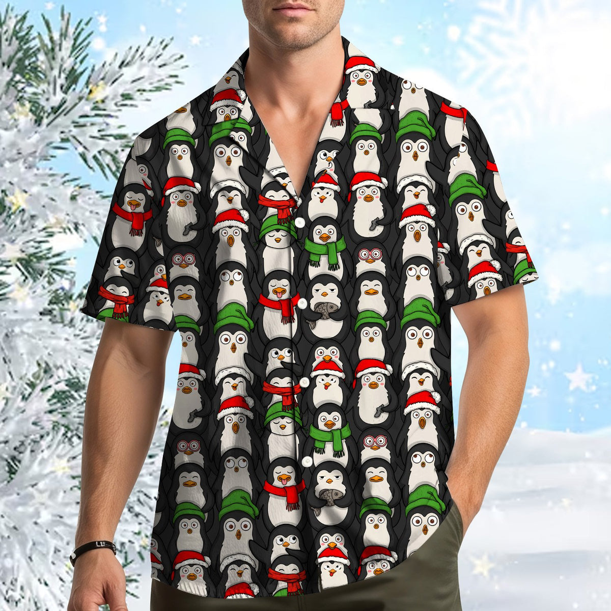 Lifestyle shot of a family wearing the matching Christmas hawaiian shirts