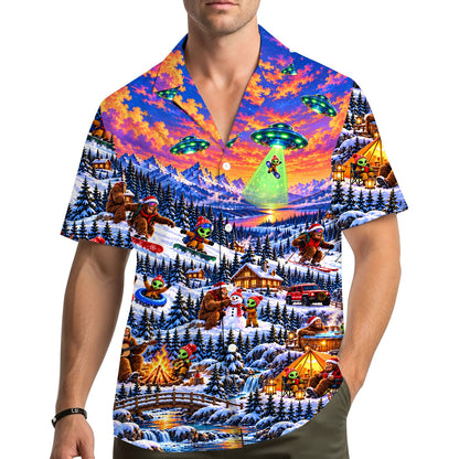 Lifestyle view of someone wearing the snowy alien christmas hawaiian shirt