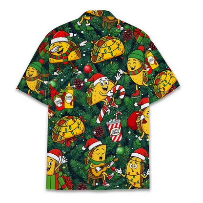 Lifestyle view of a family wearing the matching hawaiian shirts for christmas