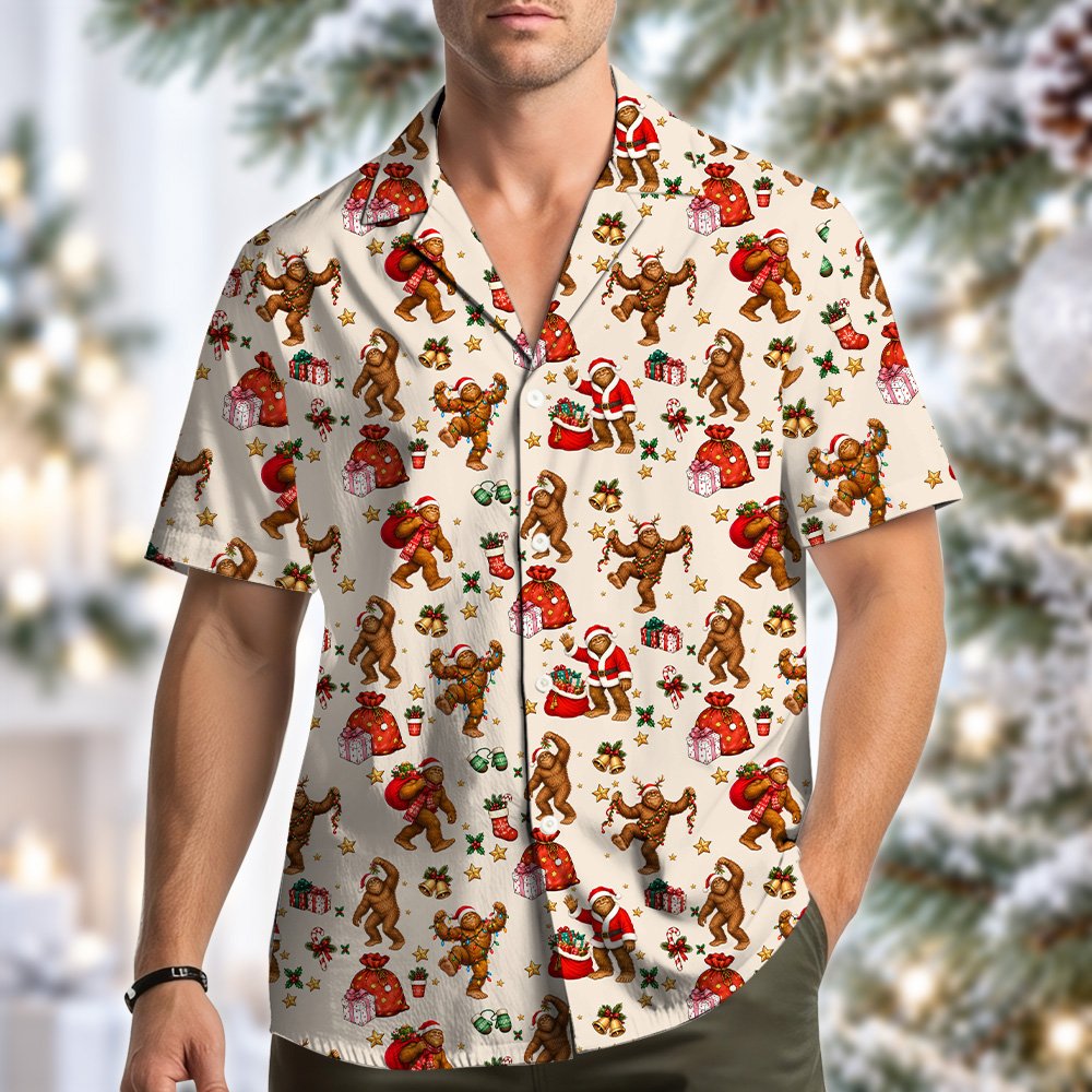 Lifestyle view of someone wearing the matching family bigfoot hawaiian shirt