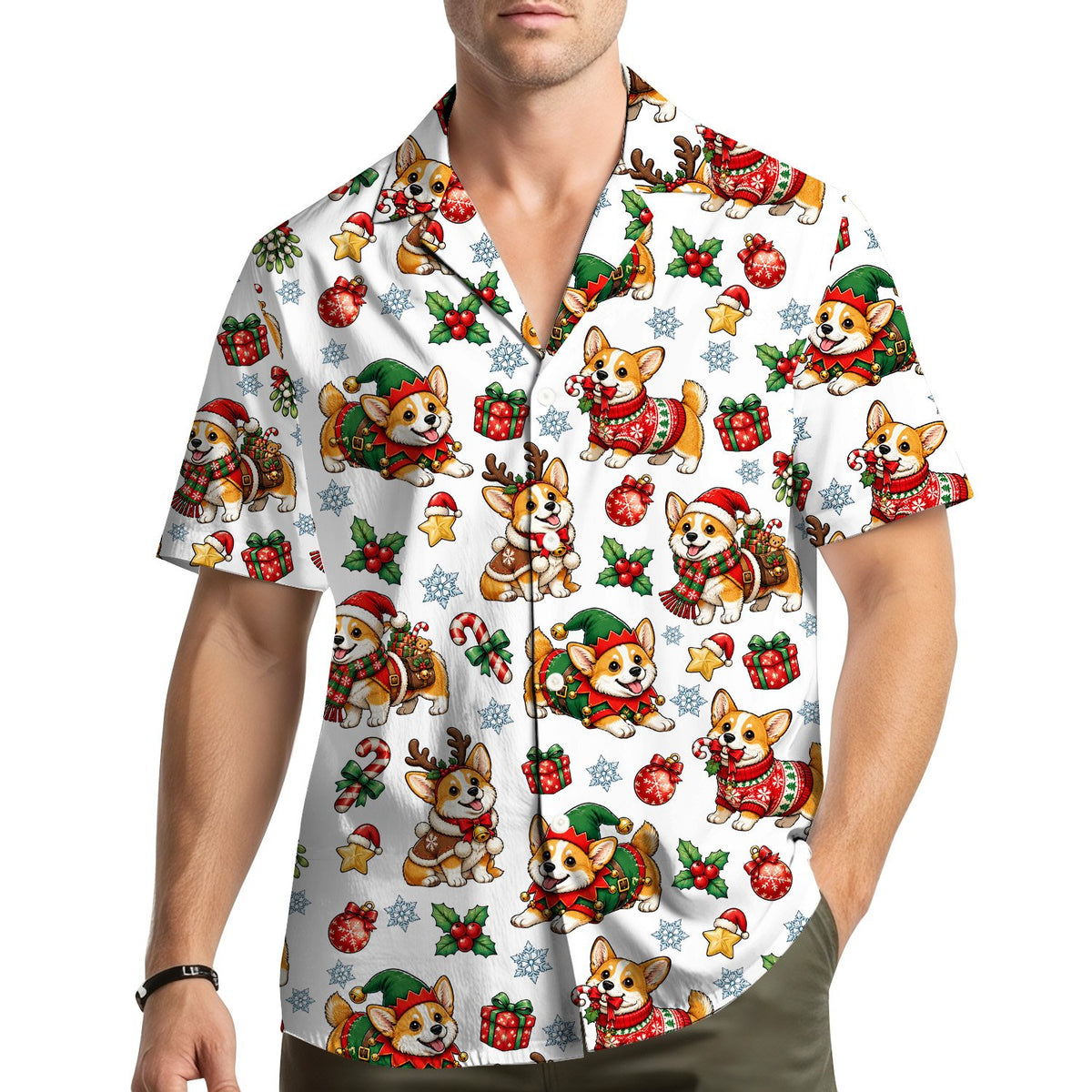 Lifestyle view of the christmas hawaiian shirt worn outdoors