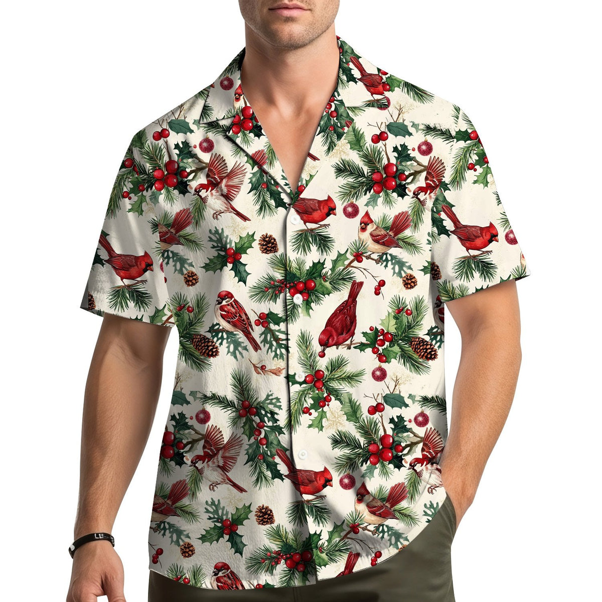 Lifestyle view of a family wearing matching christmas hawaiian shirts
