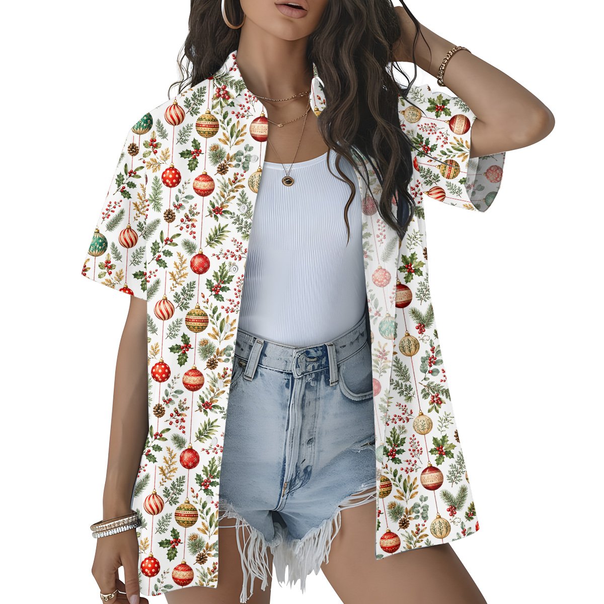 Lifestyle shot of someone wearing the festive holiday hawaiian shirt