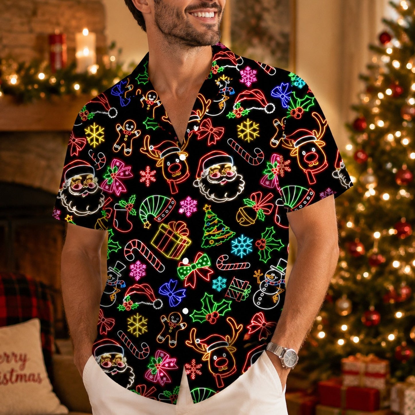 Lifestyle image of the black christmas hawaiian shirt being worn