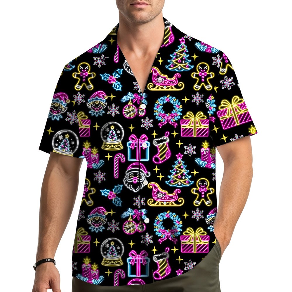 Lifestyle image of black neon christmas hawaiian shirt