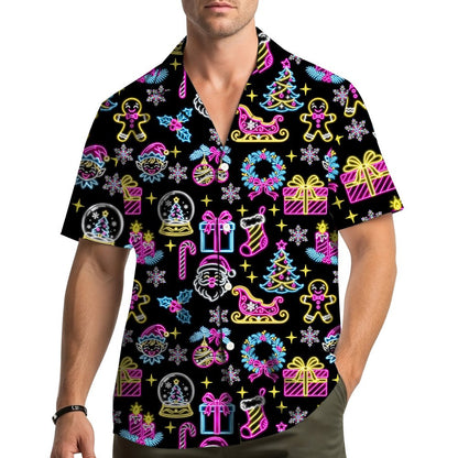 Lifestyle image of black neon christmas hawaiian shirt