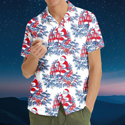 Lifestyle view of a family wearing matching christmas hawaiian shirts outdoors