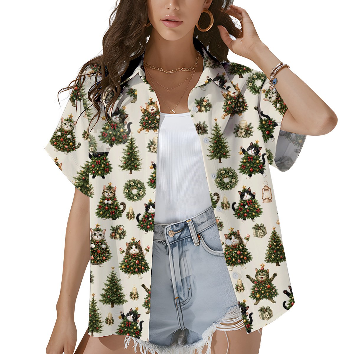 Family wearing matching holiday hawaiian shirts in a lifestyle setting