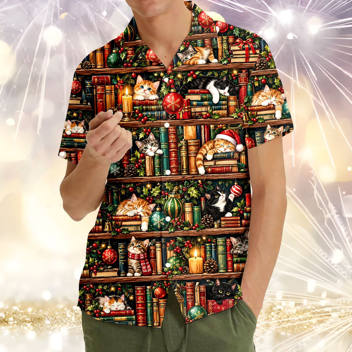Lifestyle shot of a person wearing the festive cats and books christmas hawaiian shirt