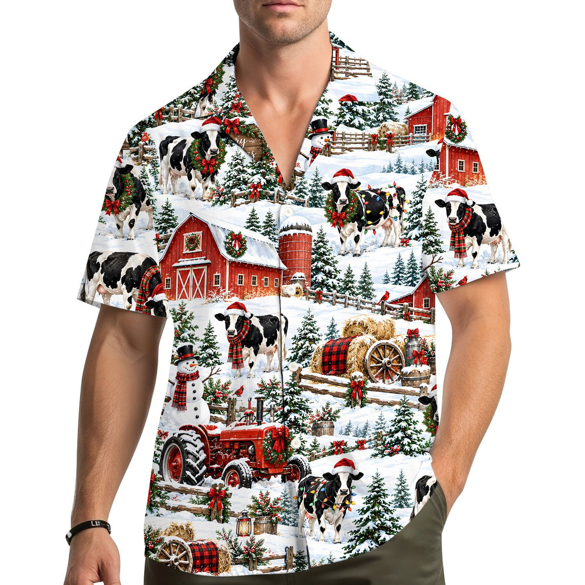 Lifestyle view of people wearing the matching family hawaiian shirts outdoors