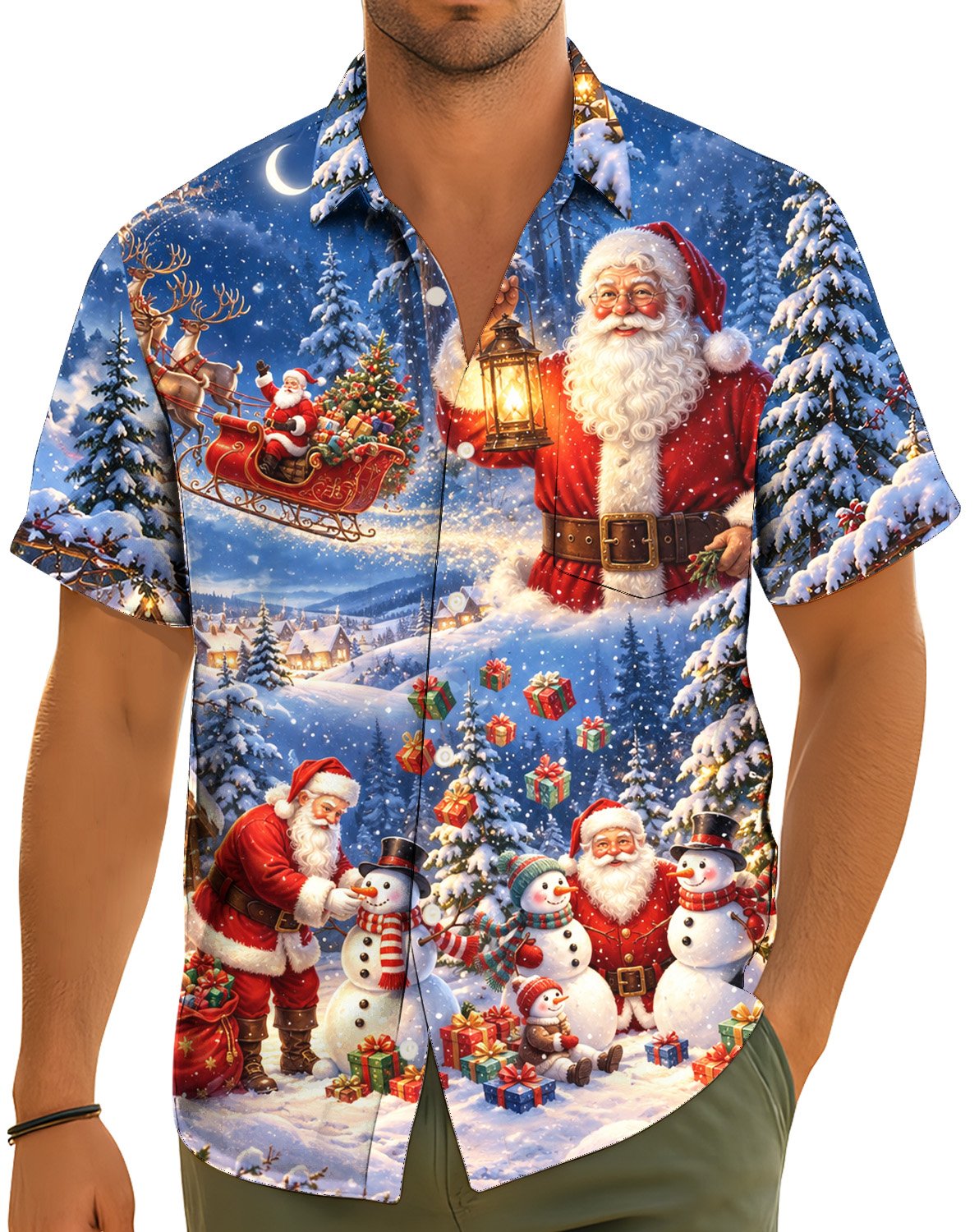 Lifestyle view of the christmas hawaiian shirt worn outside