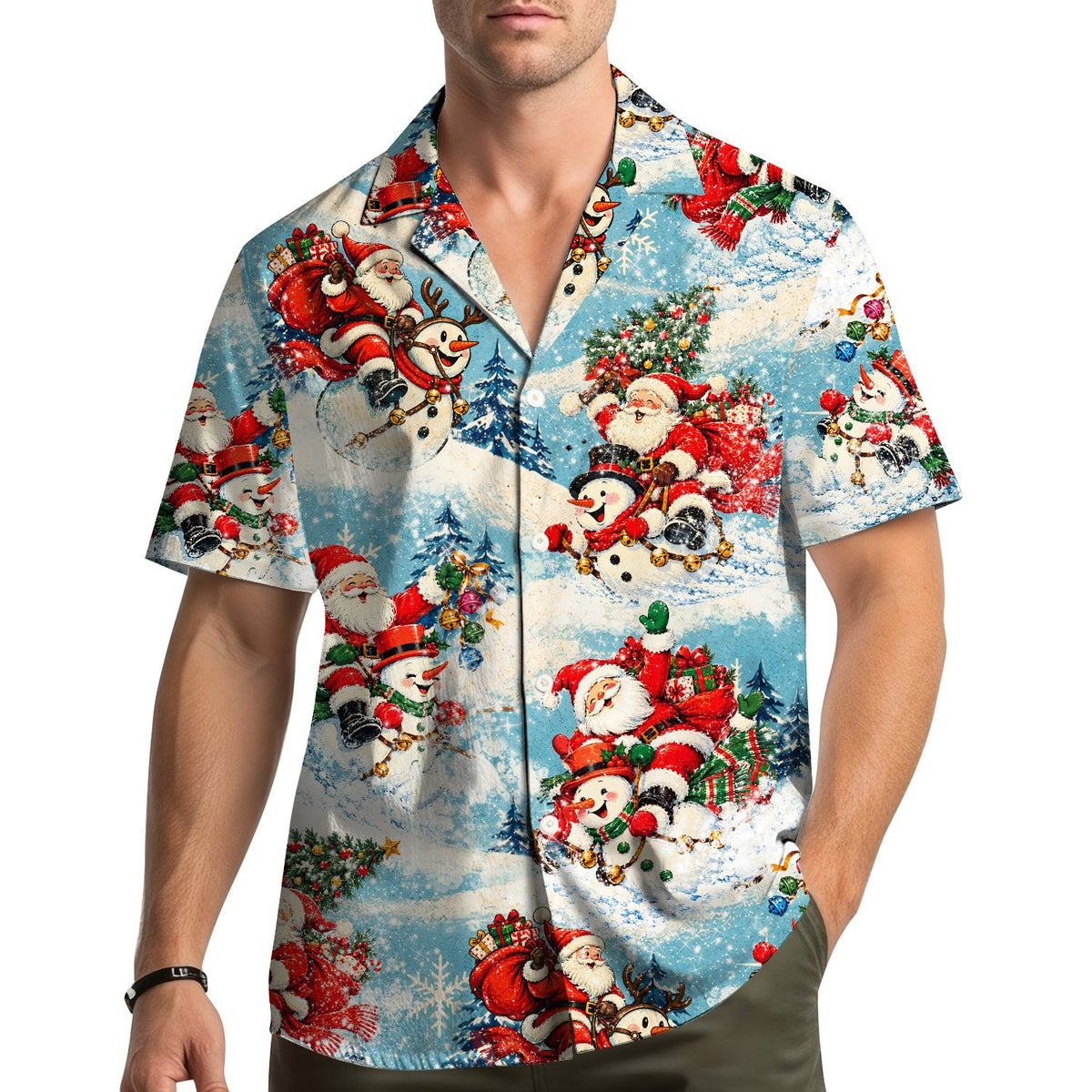 Lifestyle view of the matching family hawaiian shirts worn during the holidays