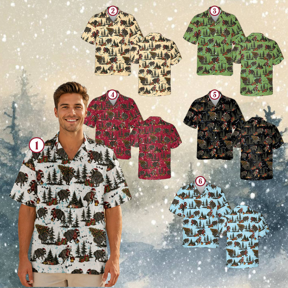 Close up view of the matching family Hawaiian shirt with candy canes and gifts