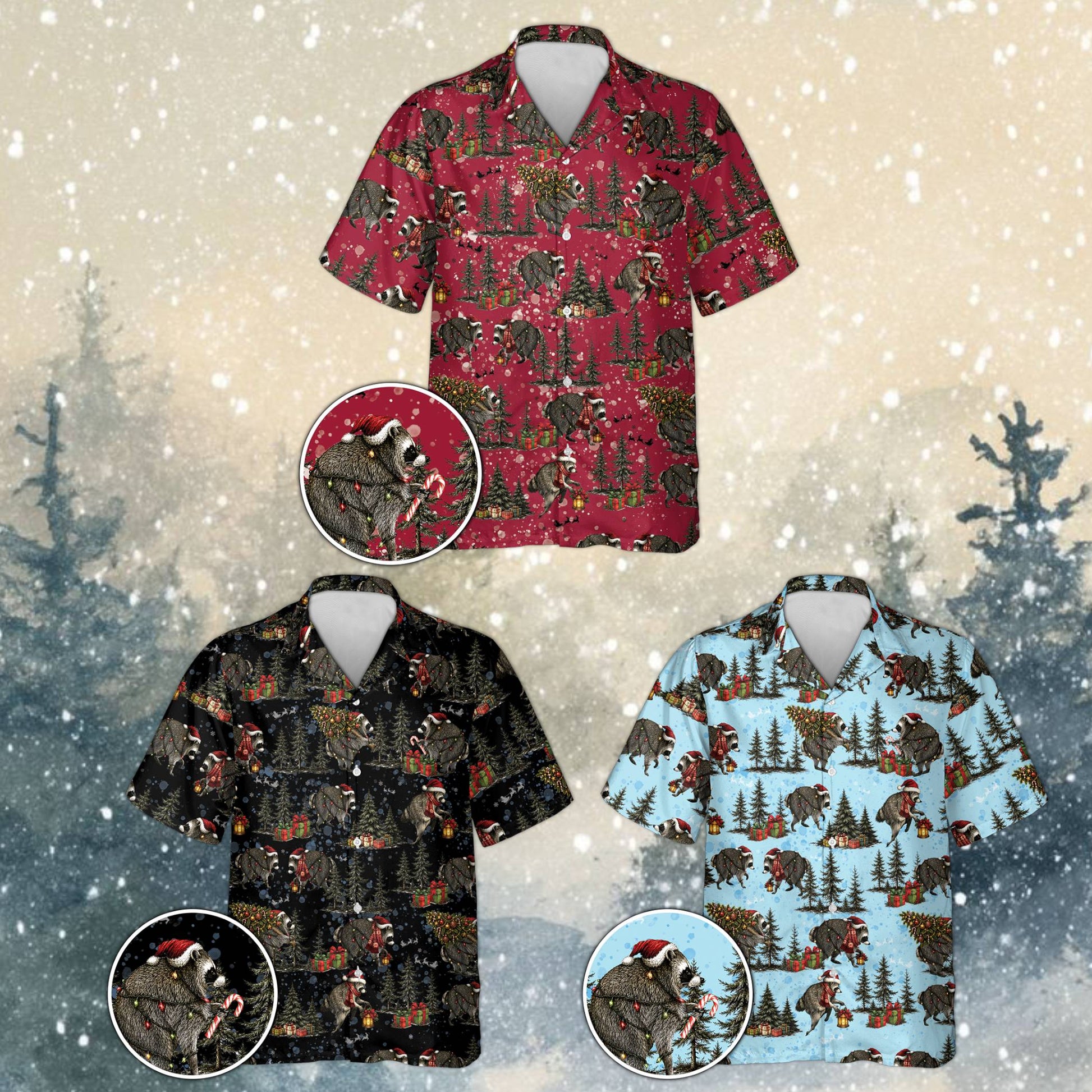 Alternate view of the winter forest scene on the Christmas Hawaiian shirt