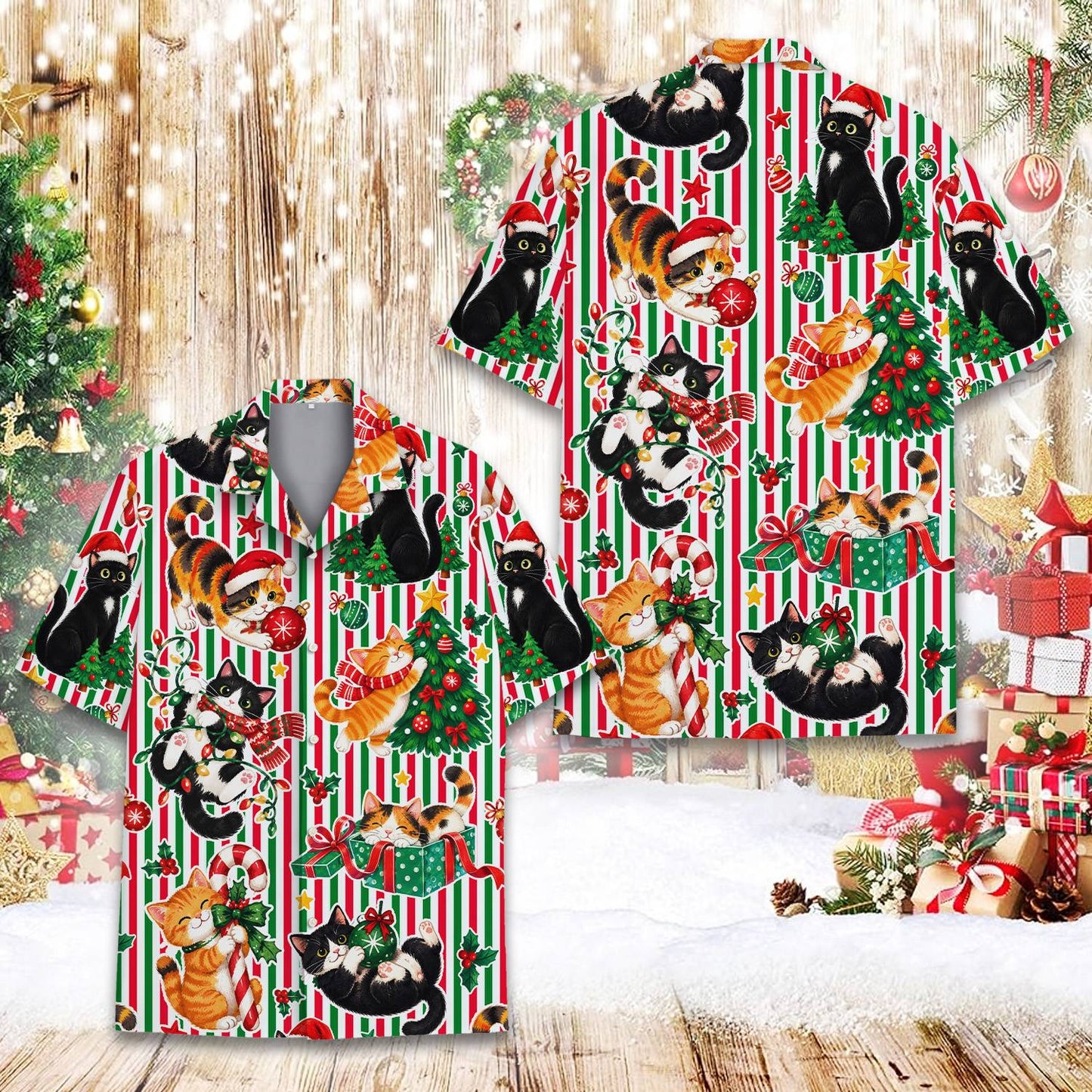 Detail view of cats playing with ornaments on the hawaiian shirt