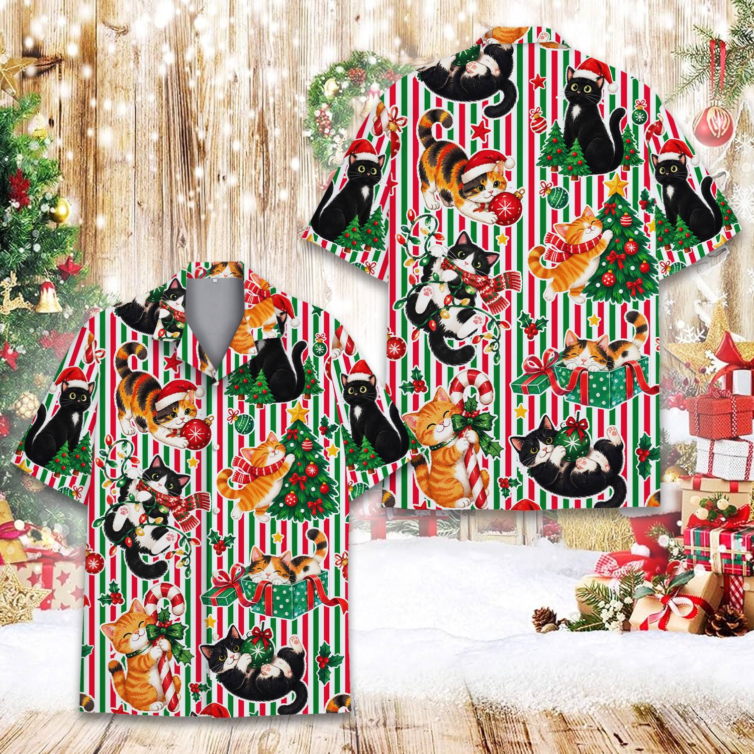 Detail view of cats playing with ornaments on the hawaiian shirt