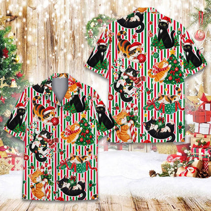 Detail view of cats playing with ornaments on the hawaiian shirt