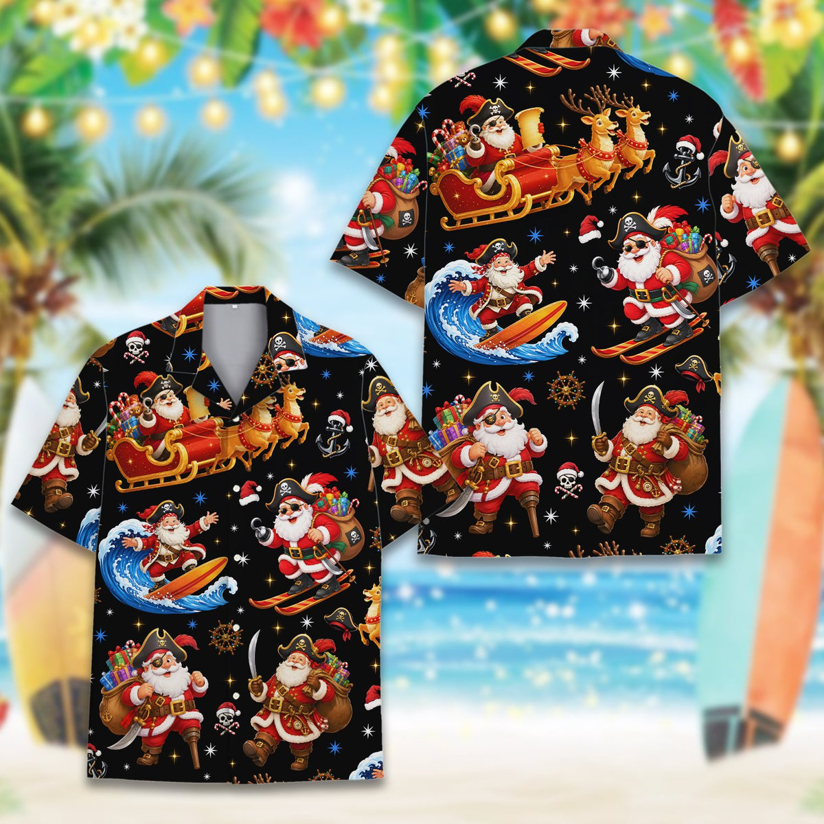 Another detail view highlighting the anchors and stars on the hawaiian shirt