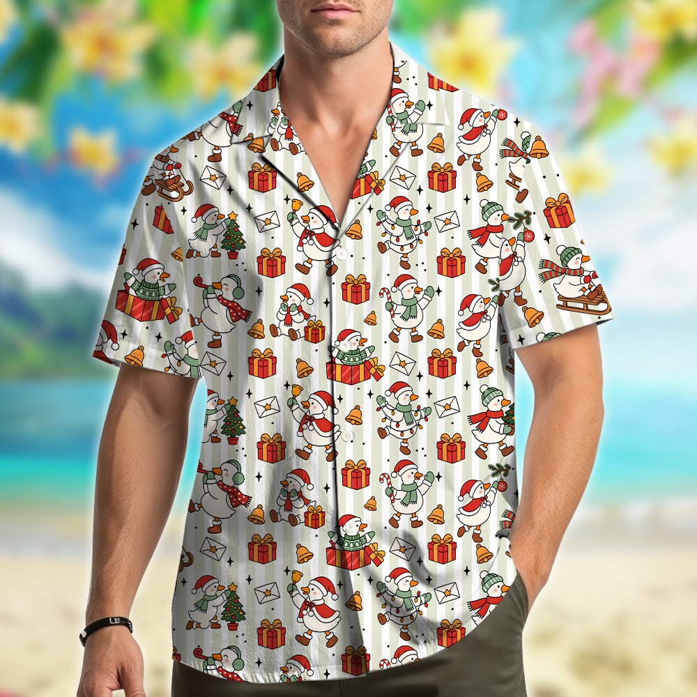 Detail view showing the striped background and festive elements on the hawaiian shirt