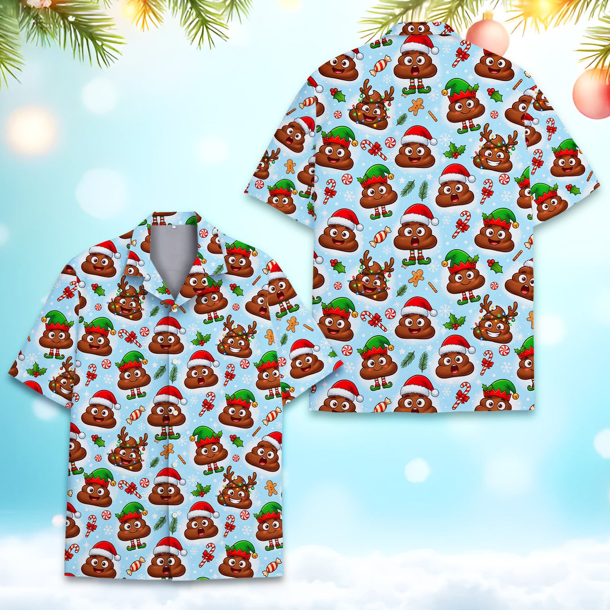 Detailed view of the button-up front and collar on the Hawaiian shirt