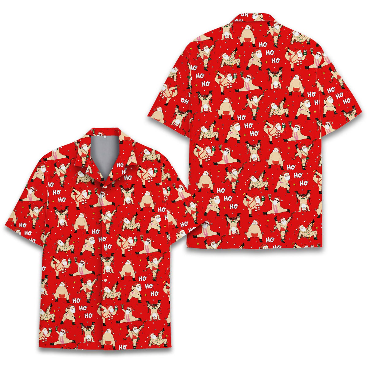 Close-up view of the collar and button details on the hawaiian shirt