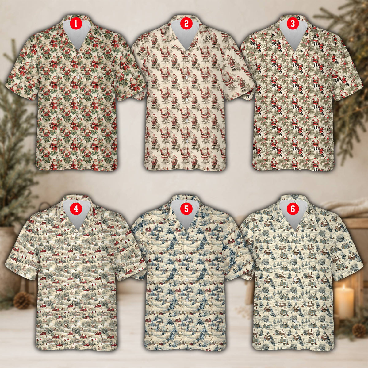 Detailed view of the vintage Christmas pattern on beige matching family hawaiian shirts