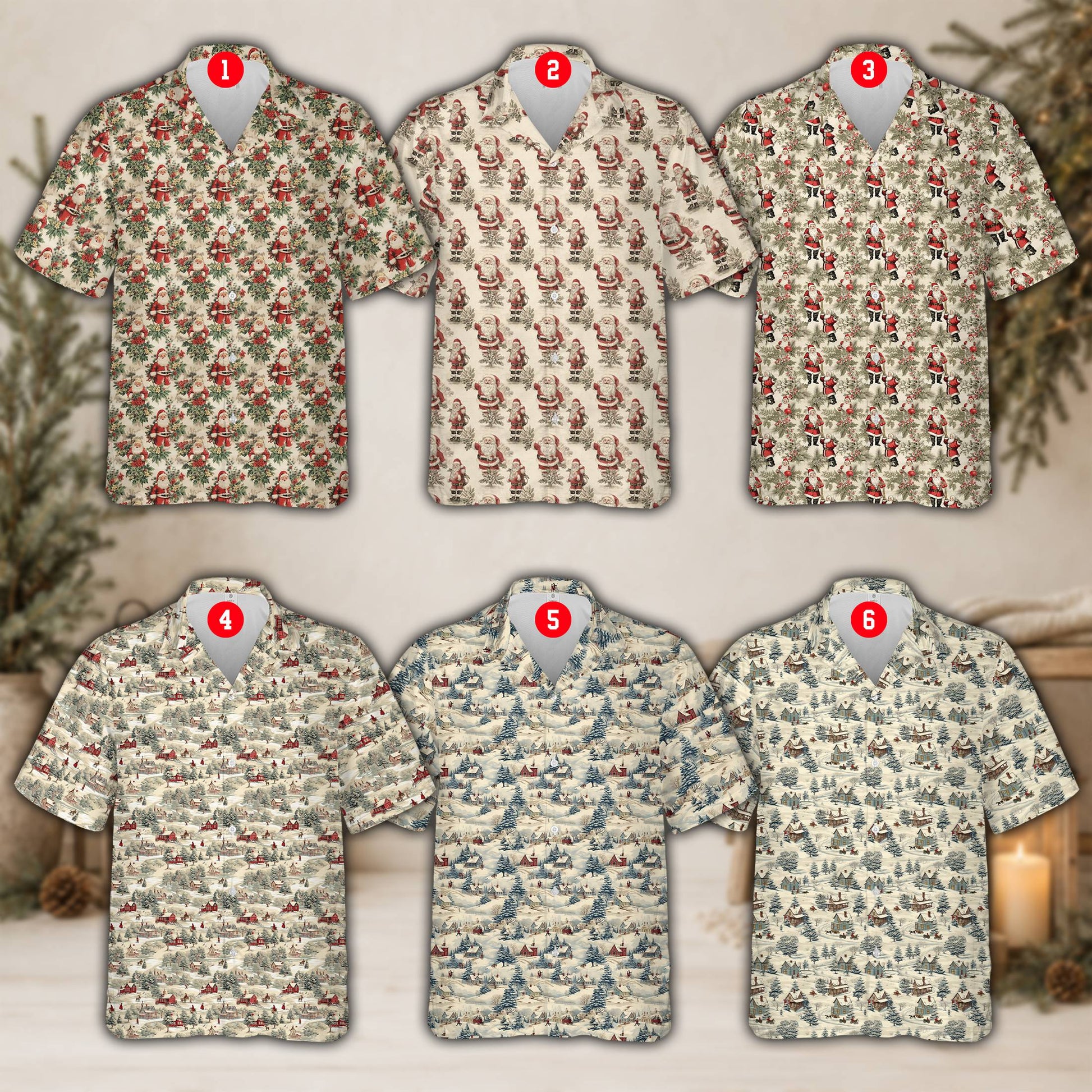 Detailed view of the vintage Christmas pattern on beige matching family hawaiian shirts