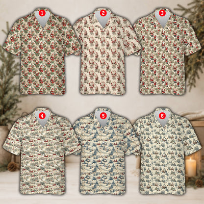 Detailed view of the vintage Christmas pattern on beige matching family hawaiian shirts