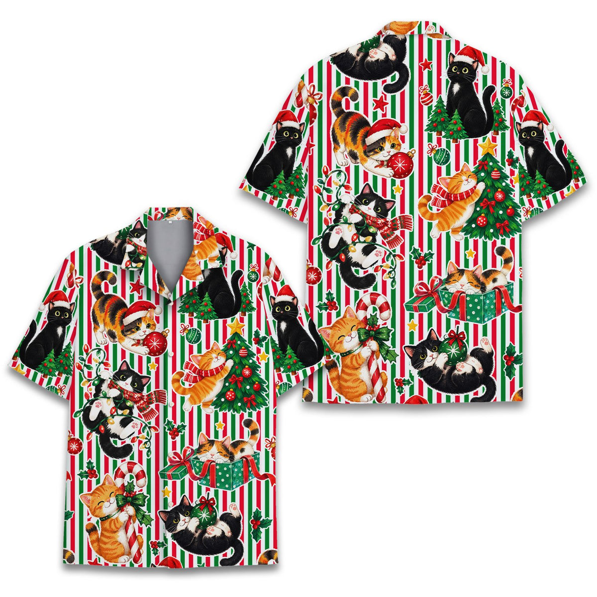Fabric detail showing candy canes and string lights on the shirt