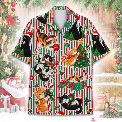 Side angle view of the holiday cat hawaiian shirt
