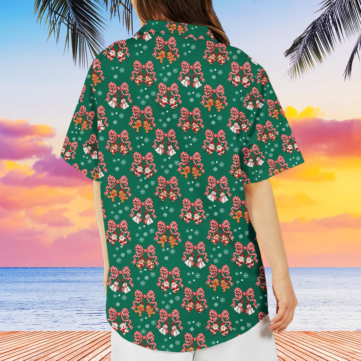 Close up of Santa and snowman design on the green hawaiian shirt