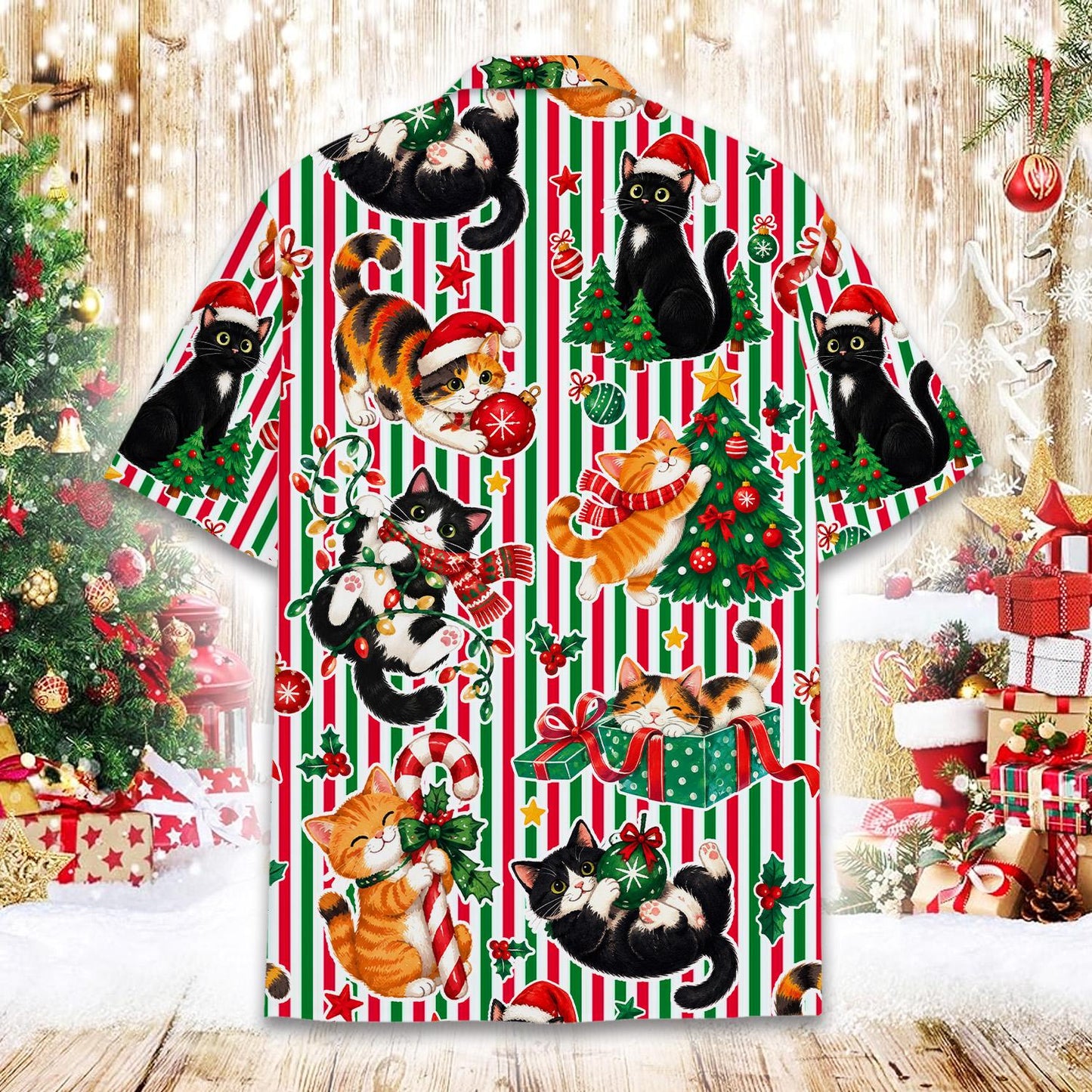 Folded view of the christmas striped matching family hawaiian shirt