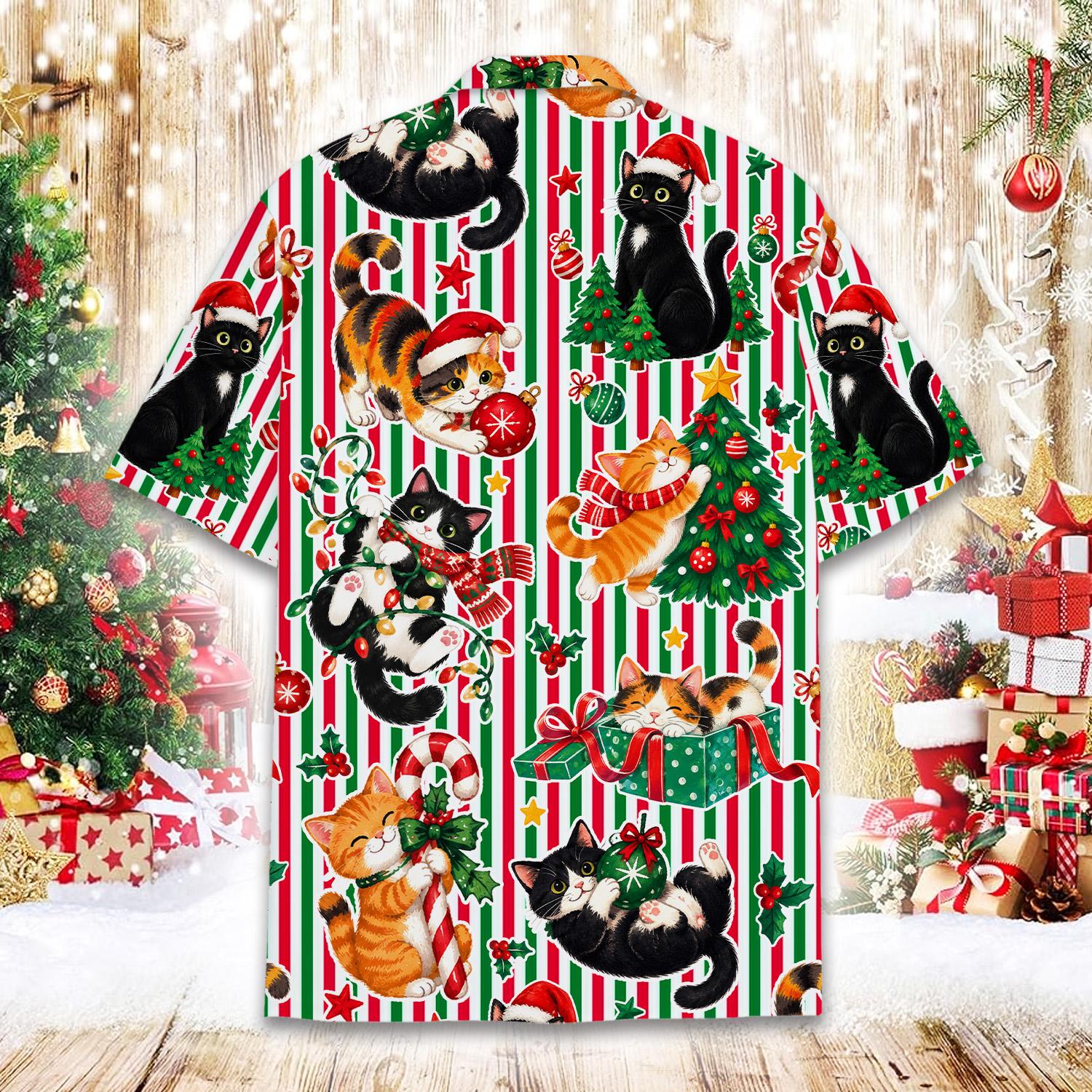 Folded view of the christmas striped matching family hawaiian shirt