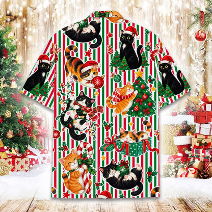 Folded view of the christmas striped matching family hawaiian shirt
