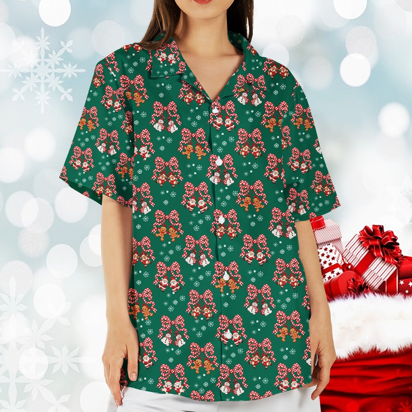 Detailed view of the fabric and stitching on the hawaiian shirt
