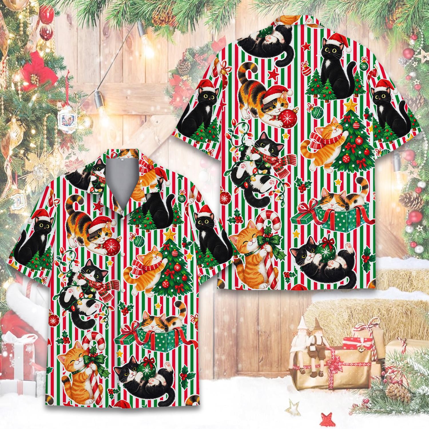Back view of the festive red, white, and green striped hawaiian shirt