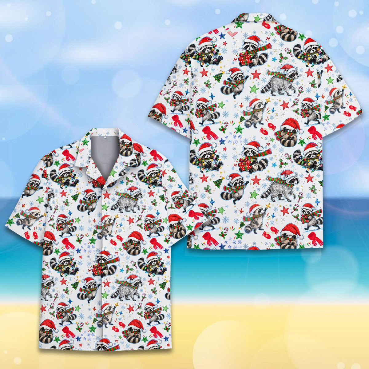 Detail view of the christmas raccoon hawaiian shirt fabric.