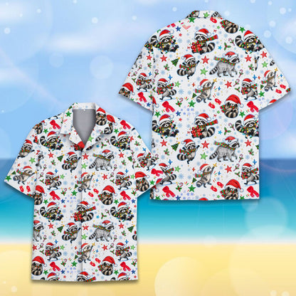 Detail view of the christmas raccoon hawaiian shirt fabric.